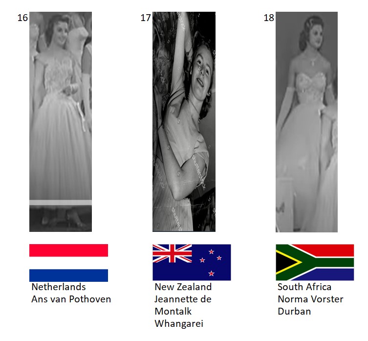 Miss Mundo 1956. Hot Picks Top 6 Competencia Preliminar en Traje de Noche. Grupo 6: 16) Países Bajos, 17) Nueva Zelanda, 18) Sudáfrica. 6_116_12