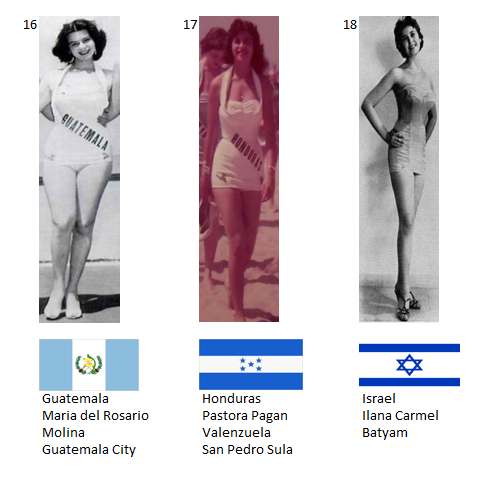 Miss Universo 1955. Hot Picks Top 15 Competencia Preliminar en Traje de Baño.  Grupo 6: 16) Guatemala, 17) Honduras, 18) Israel.    6_65_712