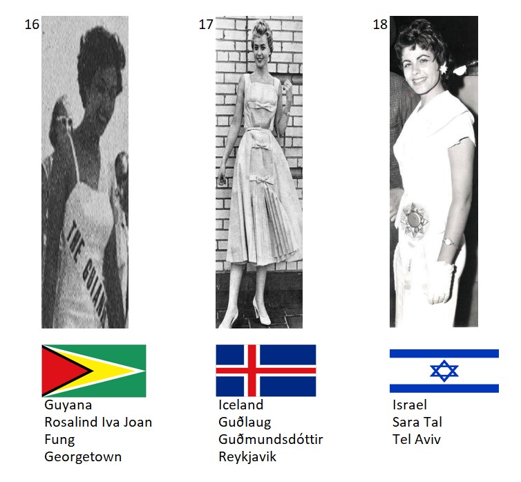 Miss Universo 1956. Hot Picks Top 15 Competencia Preliminar en Traje de Noche.  Grupo 6: 16) Guyana, 17) Islandia, 18) Israel. 6_69_712