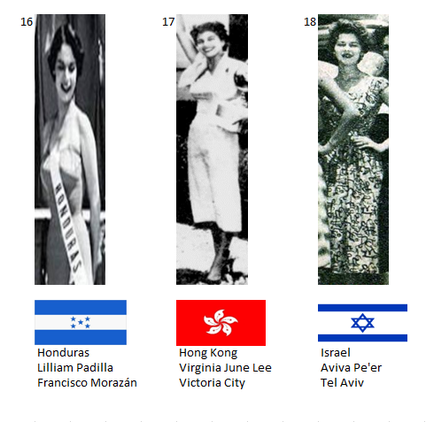 Miss Universo 1954. Hot Picks Top 16 Competencia Preliminar en Traje de Noche.  Grupo 6: 16) Honduras, 17) Hong Kong, 18) Israel. 6_71_112