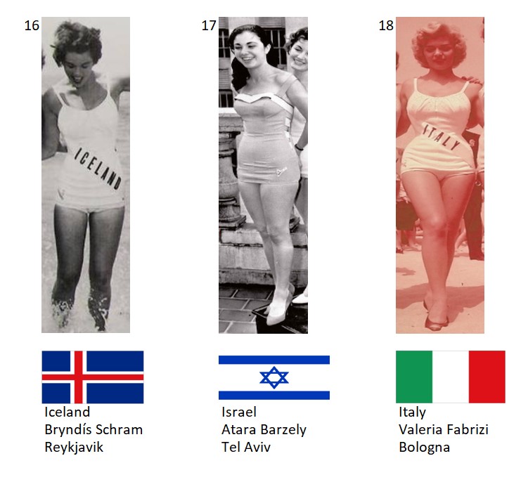 Miss Universo 1957. Hot Picks Top 15 Competencia Preliminar en Traje de Baño.  Grupo 6: 16) Islandia, 17) Israel, 18) Italia. 6_78_710