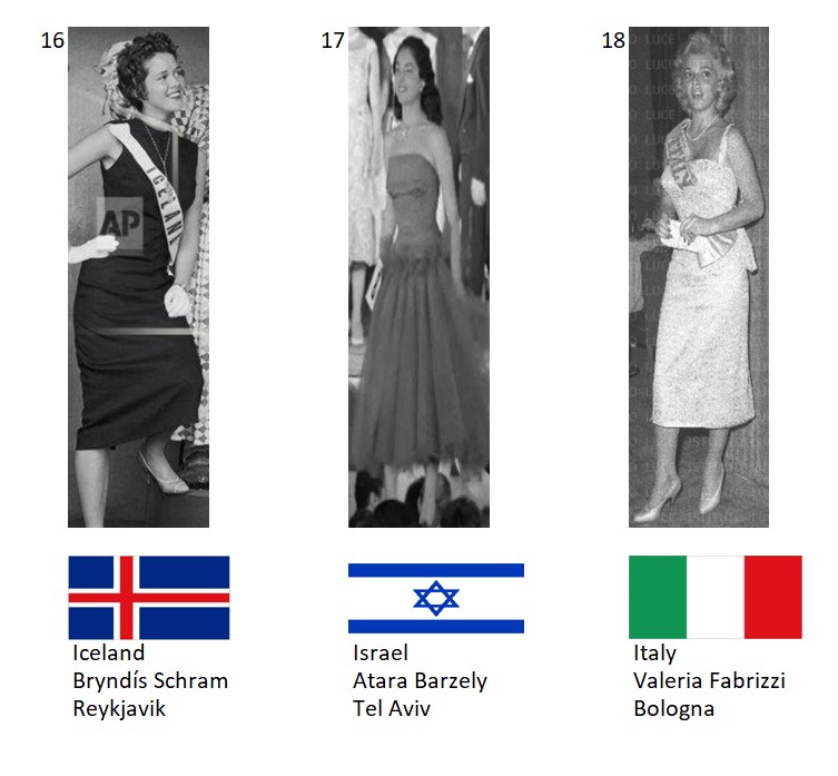Miss Universo 1957. Hot Picks Top 15 Competencia Preliminar en Traje de Noche.  Grupo 6: 16) Islandia, 17) Israel, 18) Italia. 6_78_712