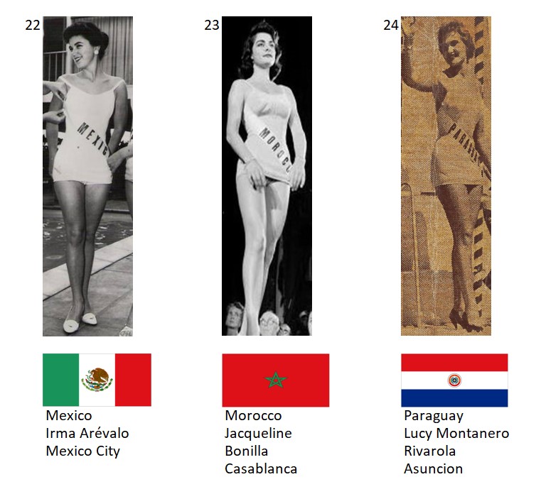 Miss Universo 1957. Hot Picks Top 15 Competencia Preliminar en Traje de Baño.  Grupo 8: 22) México, 23) Marruecos, 24) Paraguay. 8_104_10