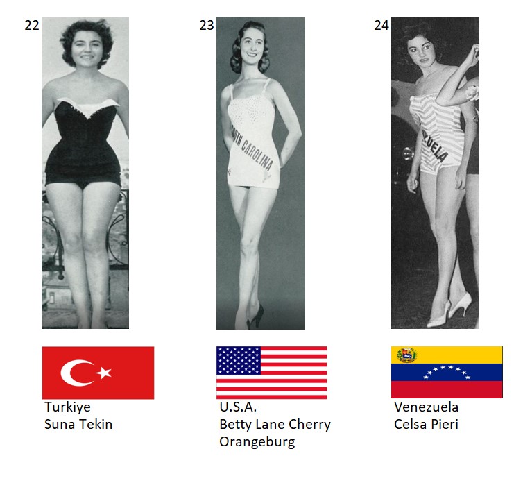 Miss Mundo 1956. Hot Picks Top 6 Competencia Preliminar en Traje de Baño.  Grupo 8: 22) Turquía, 23) Estados Unidos, 24) Venezuela. 8_155_10