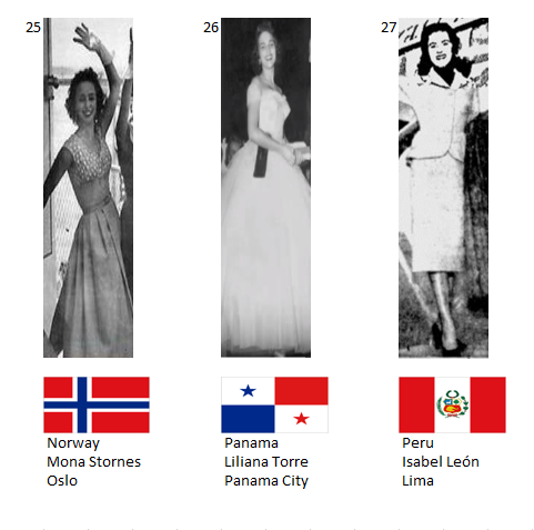 Miss Universo 1954. Hot Picks Top 16 Competencia Preliminar en Traje de Noche.  Grupo 9: 25) Noruega, 26) Panamá, 27) Perú. 9_113_13