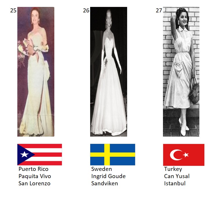 Miss Universo 1956. Hot Picks Top 15 Competencia Preliminar en Traje de Noche.  Grupo 9: 25) Puerto Rico, 26) Suecia, 27) Turquía. 9_124_12