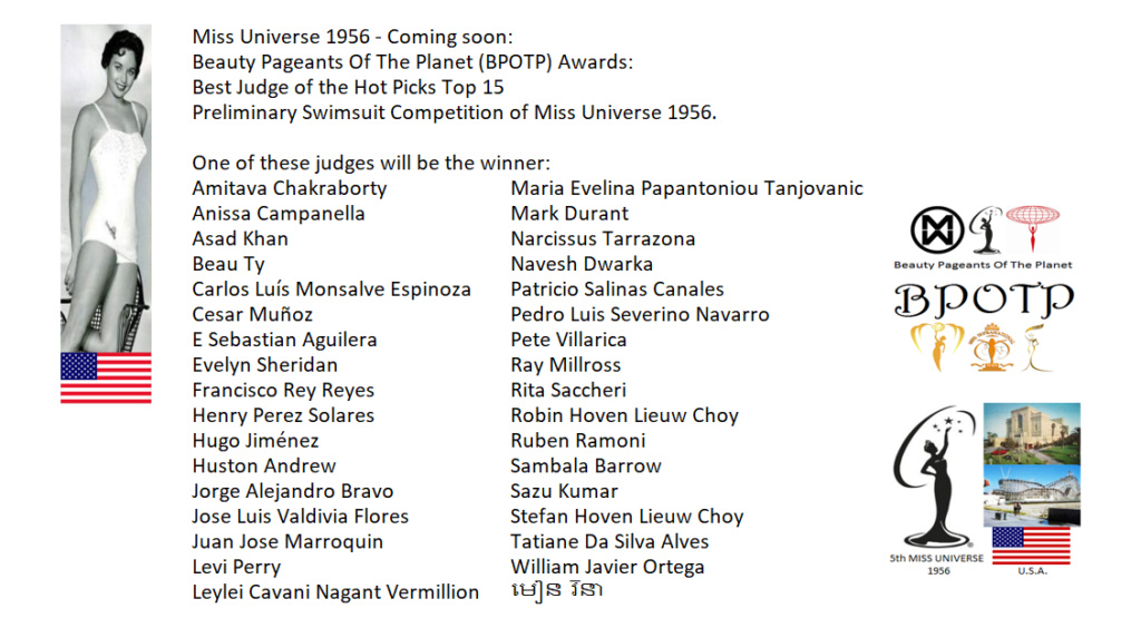 Miss Universo 1956: Pronto: Beauty Pageants Of The Planet Awards (BPOTP): Mejor Juez del Hot Picks Top 15 Competencia Preliminar en Traje de Baño de Miss Universo 1956. 9_cs_b16