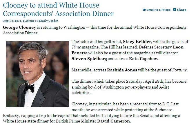 9 April: George Clooney and his girlfriend confirm they'll be at the White House Correspondents' Association dinner on 28th April To_att10