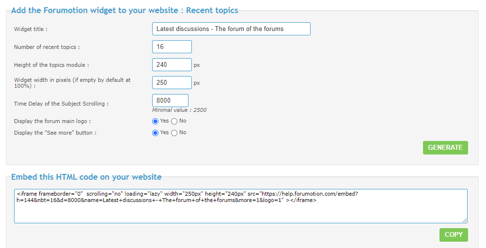 Widgetul extern Forumgratuit pentru a integra ultimele subiecte ale forumului pe un site web Ext-wi10