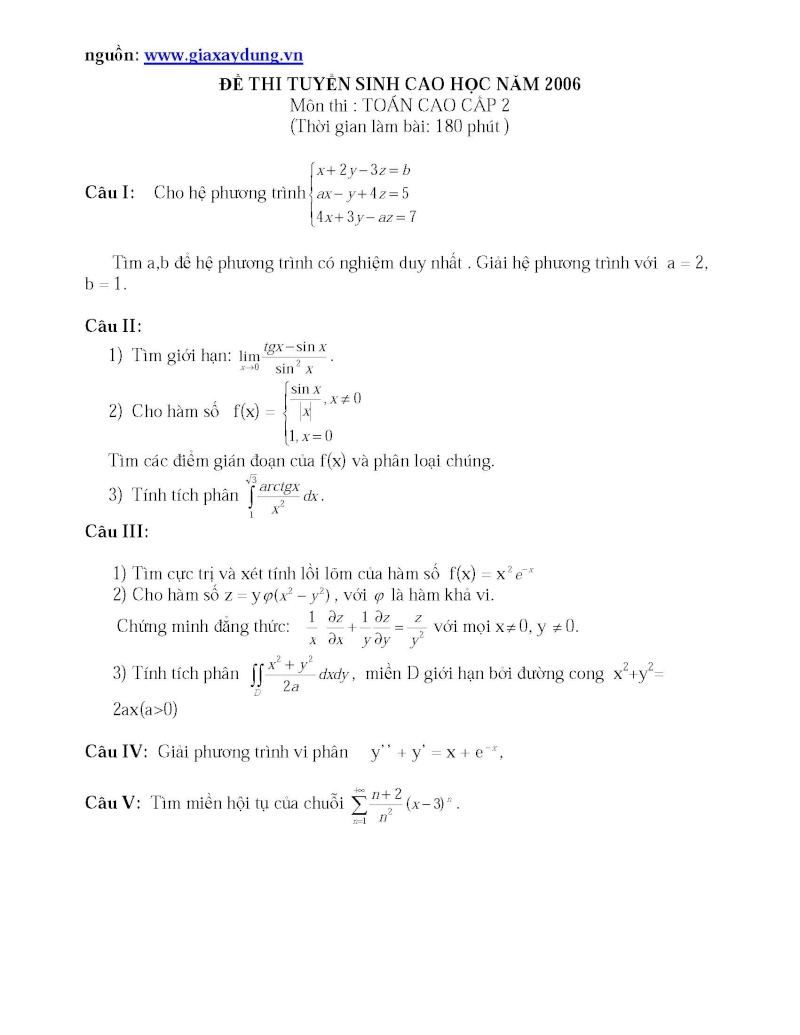 Đề thi toán Cao học đại học xây dựng năm 2006 De_thi12
