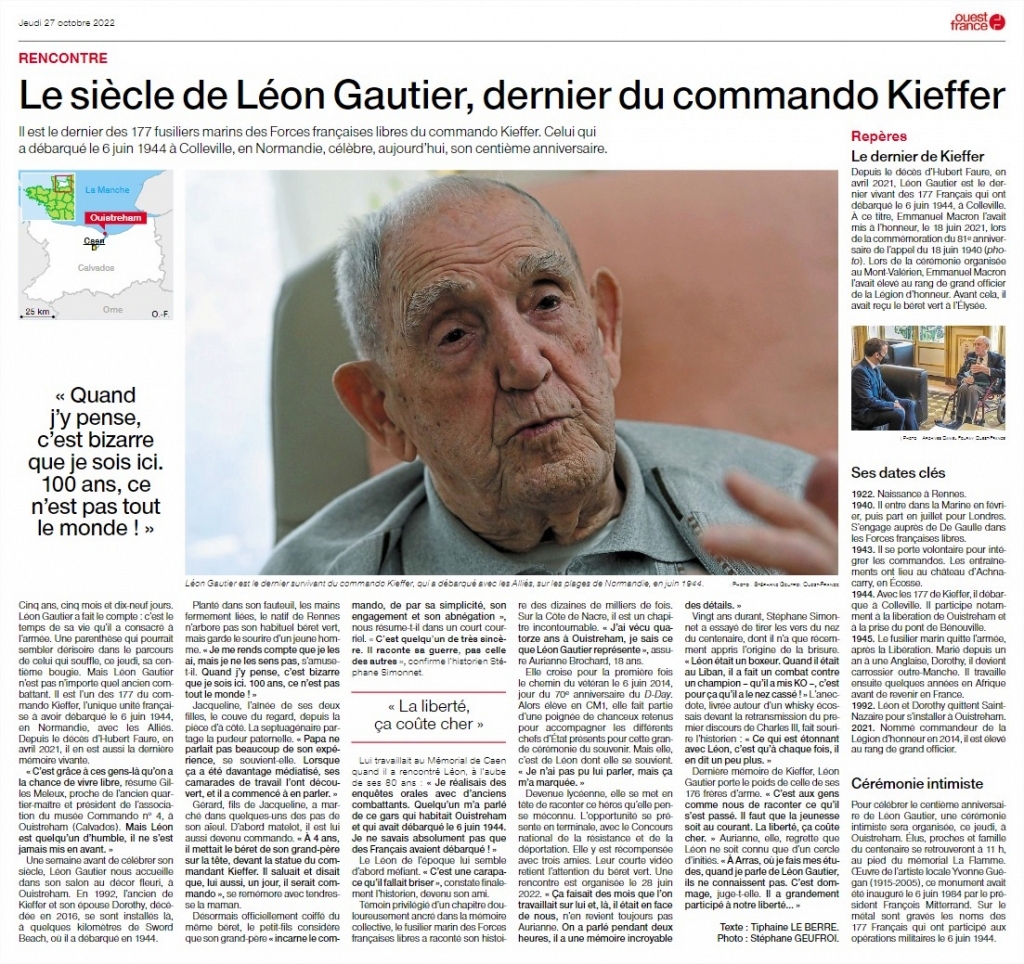 À 98 ans, Léon Gautier est le dernier survivant des 177 hommes du commando Kieffer. Le seul bataillon français qui a débarqué en Normandie le 6 juin 1944. 13441911