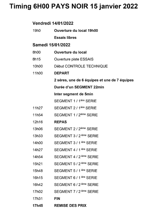 6Heures du Pays Noir le 15 janvier 2022 Timing11