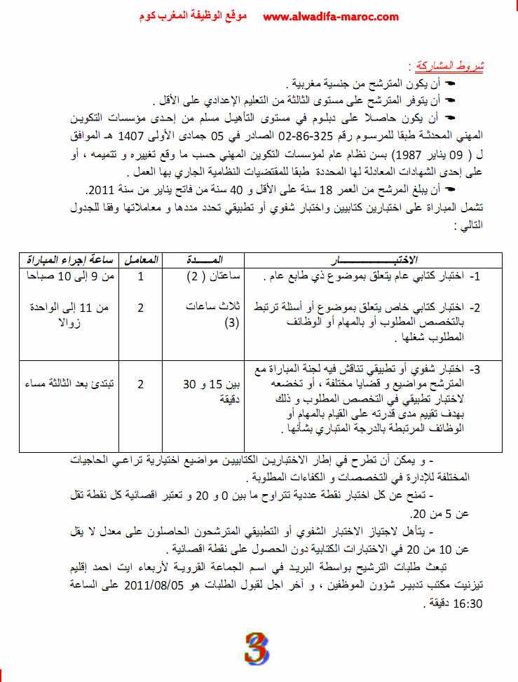 جماعة اربعاء ايت احمد -إقليم تيزنيت-: مباراة لتوظيف مساعد تقني الدرجة الرابعة السلم 5. آخر أجل هو 05 غشت 2011 Aitahm12