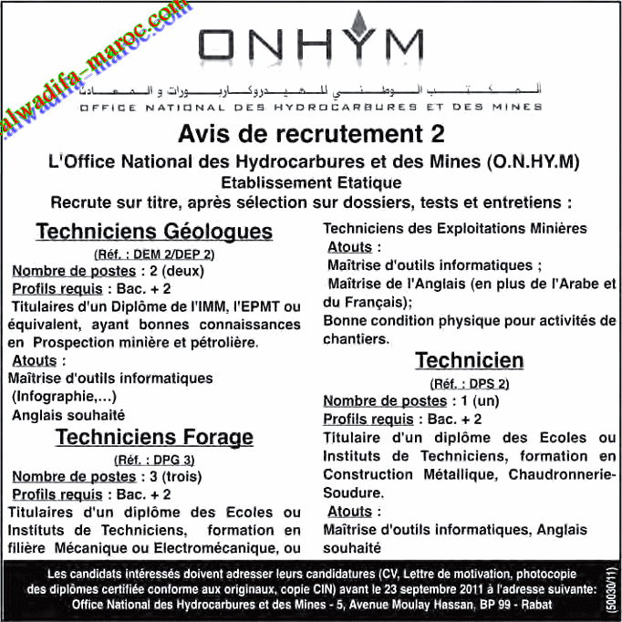 المكتب الوطني للهيدوكاربورات و المعادن: توظيف 6 تقنيين تخصص جيولوجيا و الحفر و المعادن. آخر أجل هو 23 شتنبر 2011 Onhym210