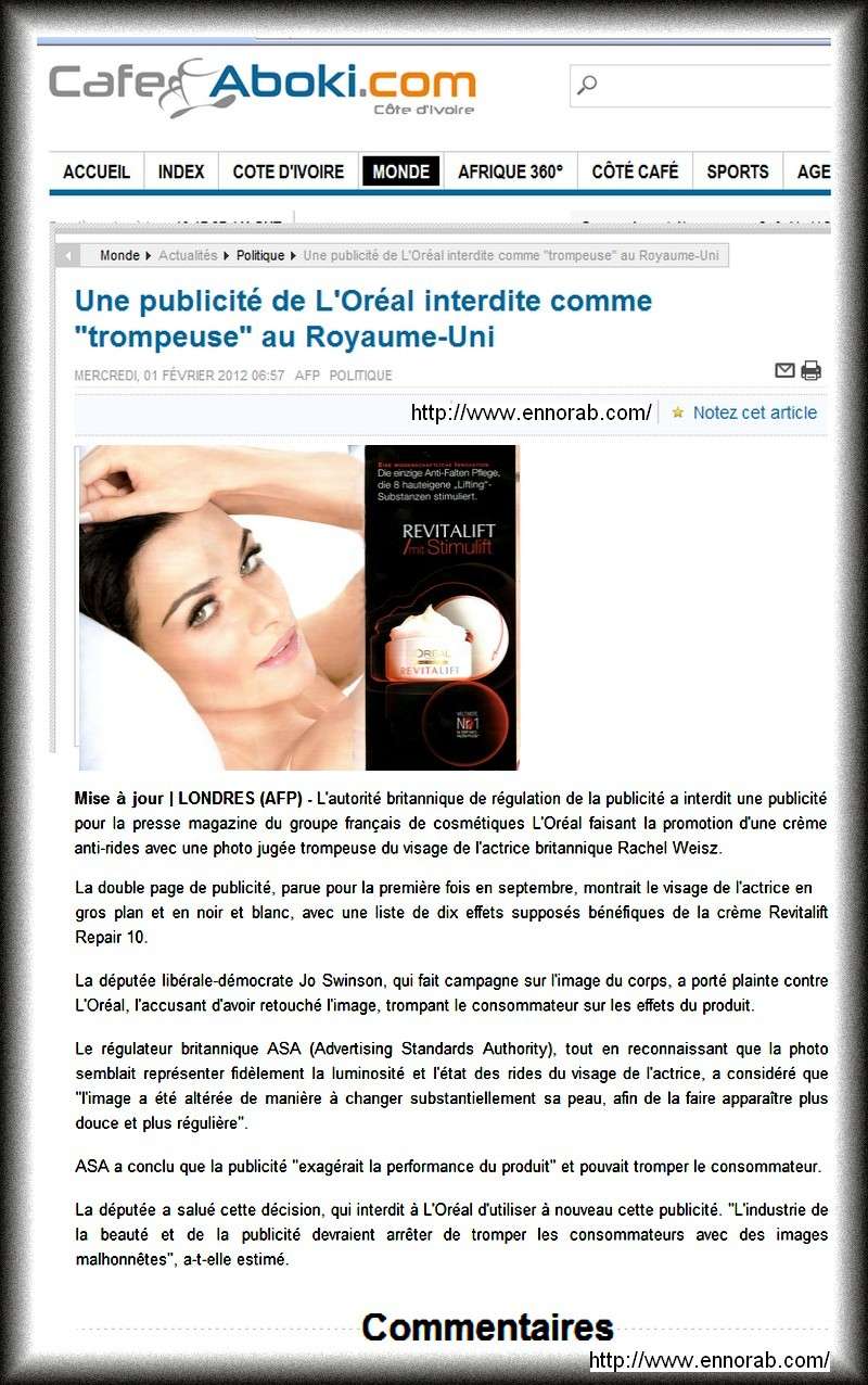  L'autorité britannique de régulation de la publicité a interdit une publicité pour la presse magazine du groupe français de cosmétiques L'Oréal  044b2122