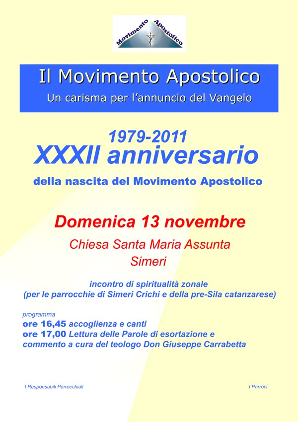 XXXII ANNIVERSARIO DELLA NASCITA DEL MOVIMENTO APOSTOLICO Locand10