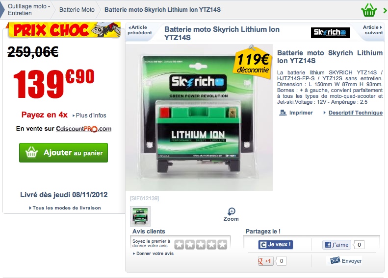 batterie lithium ion au prix d'une Yuasa Ishot122