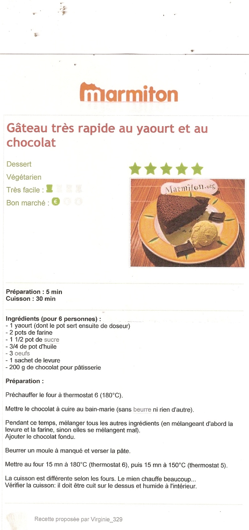 Recette du Gâteau au yaourt et au chocolat de la part de Josiane Numari13