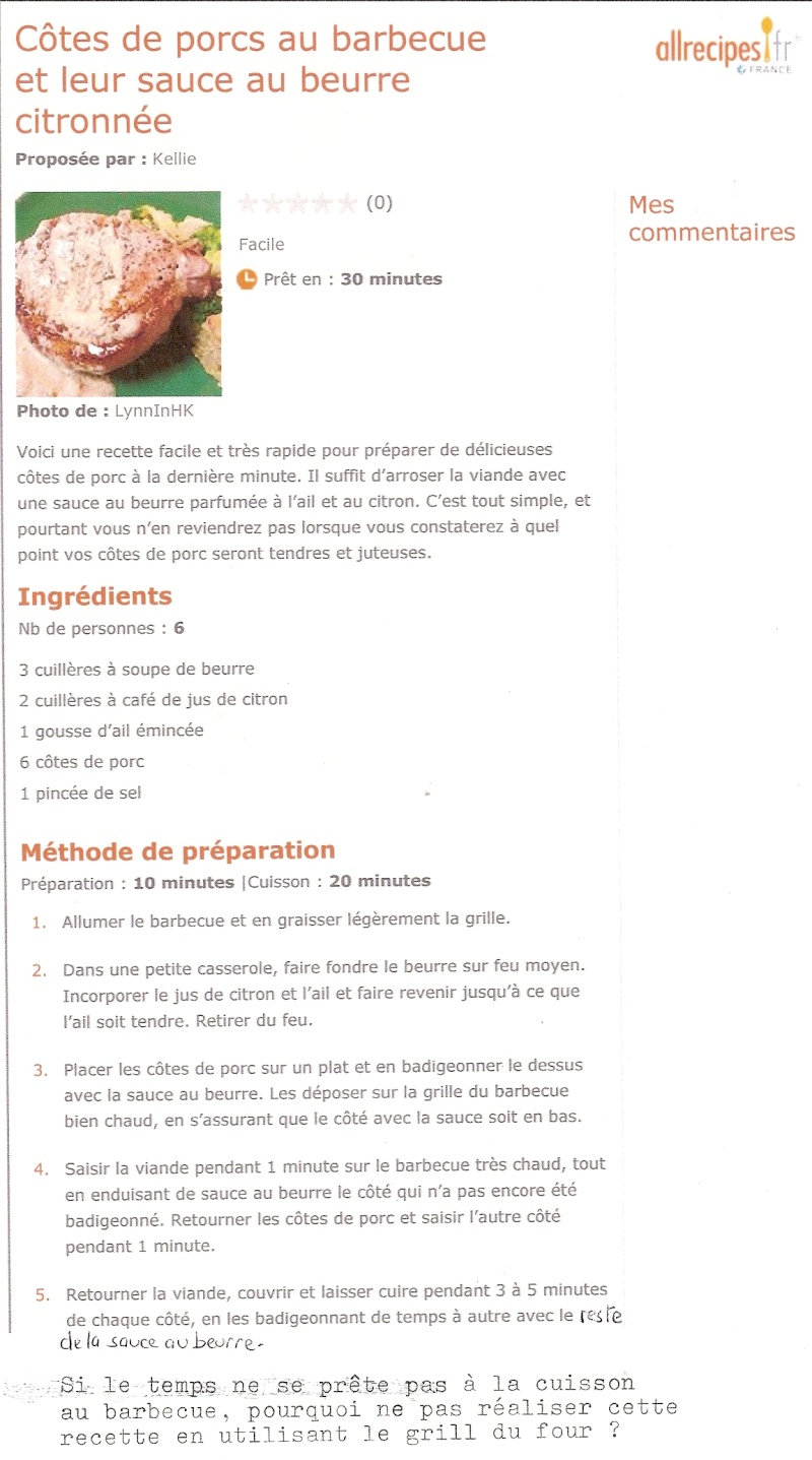 Recette des Côtes de porc au barbecue "sauce au beurre citronnée" de la part de Josiane Numari33