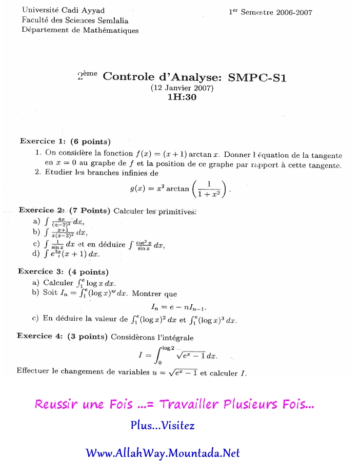 Tous les 2 contrôles (Analyse,Algèbre,Thermodynamique,Mécanique,Chimie) S1 SMP,SMC,SMA de la Faculté Des Sciences Semlalia (FSSM)  Contro18