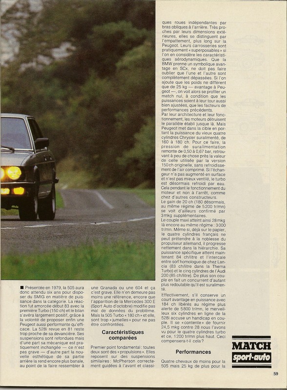 BMW 528i vs Peugeot 505 "turbo"  Sport Auto novembre 1985 Numari98