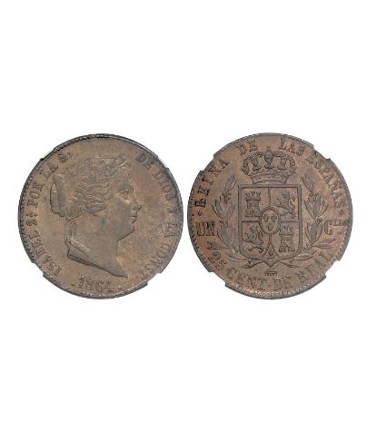 Isabel II, 25 Céntimos de Rea. 1864. Segovia. NGC MS 63 BN 25_cen10