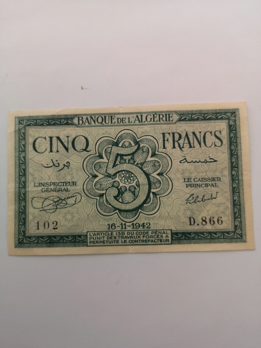 5 francos de argelia francesa 1942 15941112