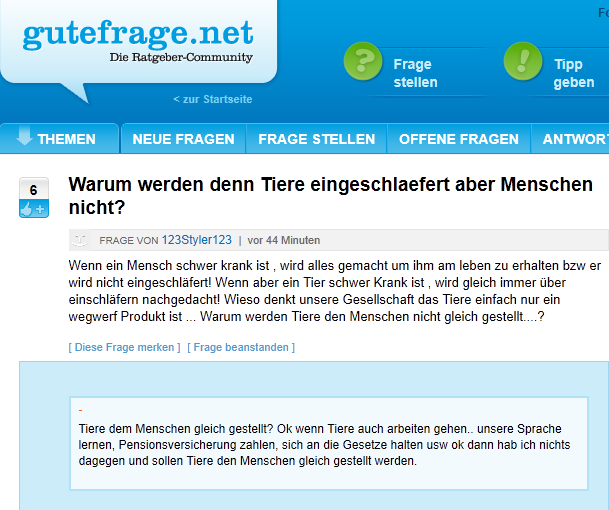 gutefrage.net: Warum werden denn Tiere eingeschläfert aber Menschen nicht? Z18-0-20