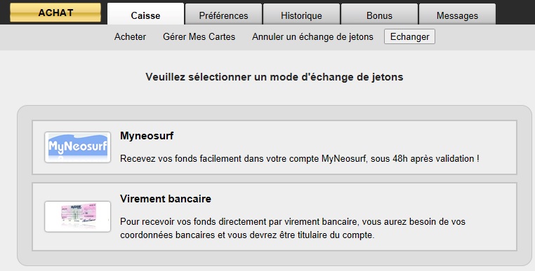 MyNeosurf pour le paiement des gains sur 770 Caisse10