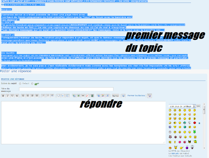 Créer une page avec : L'endroit pour poster une réponse, les derniers message + du html uniquement 418
