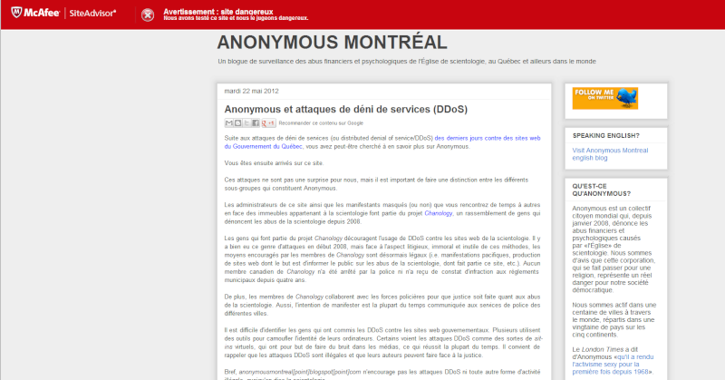 McAfee juge anonymous montreal blogspot dangereux depuis aujourd'hui! Anonym10