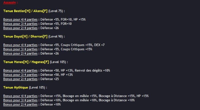 Bonus des différents Set (par classe de Perso) Set510