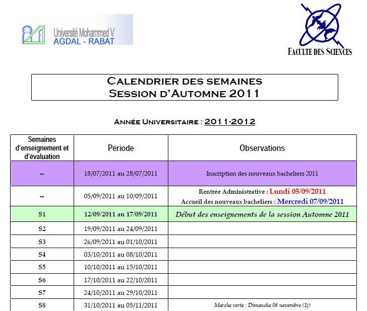 Calendrier des semaines : Automne 2011  C110