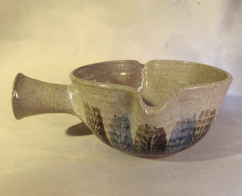 bowl with double spouts and leaf pattern - Cranbrook Station Pottery?  Handle14