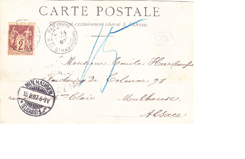 carte postale affranchie à 2 centimes pour l'Alsace en 1897 Cp10