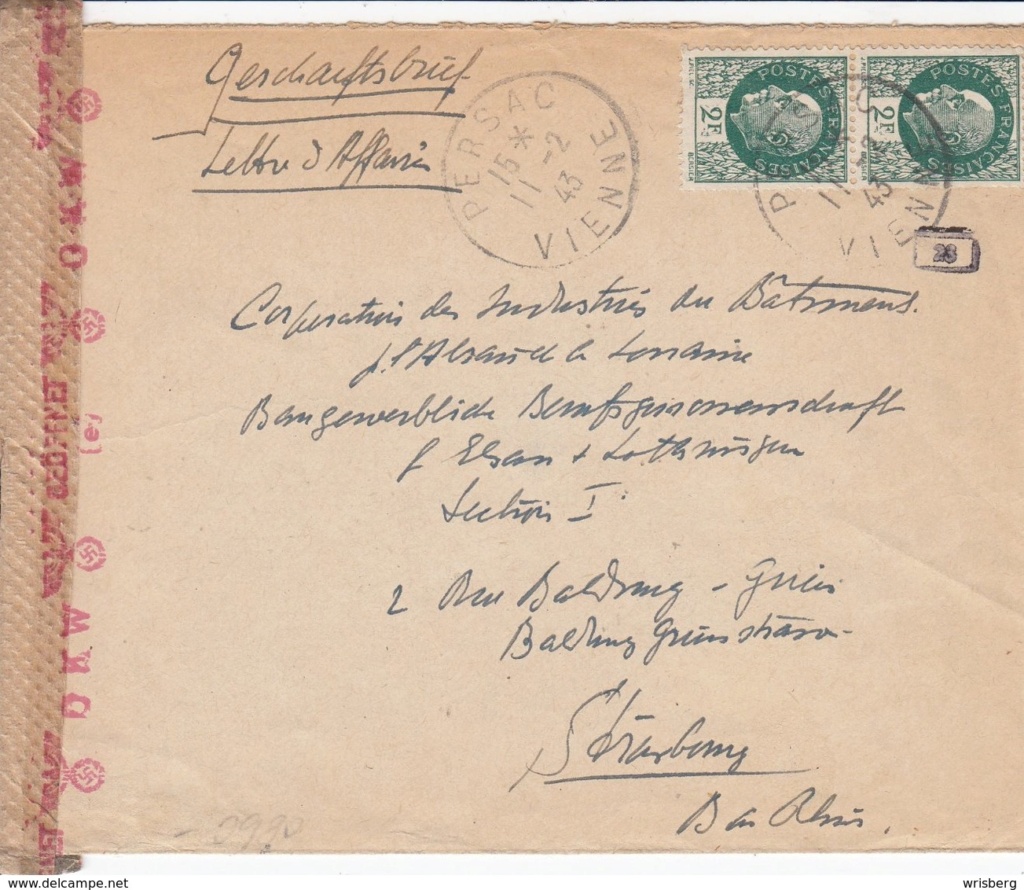 Lettre censurée du 11 février 1943 de Vienne pour Strasbourg Lettre15