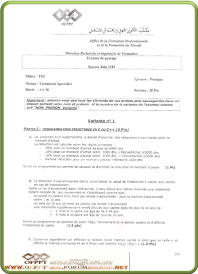 Correction d'Examen Passage Variante 1 Année 2010 Langage C V110