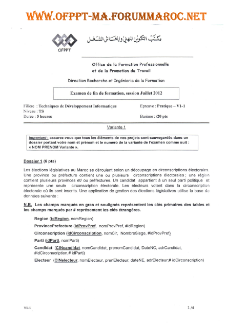 Examen Fin Formation 2012 Variante 1  V111