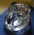 Moulded clear glass hand paperweight / ashtray - Id? Dscn0325