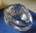 Moulded clear glass hand paperweight / ashtray - Id? Dscn0326
