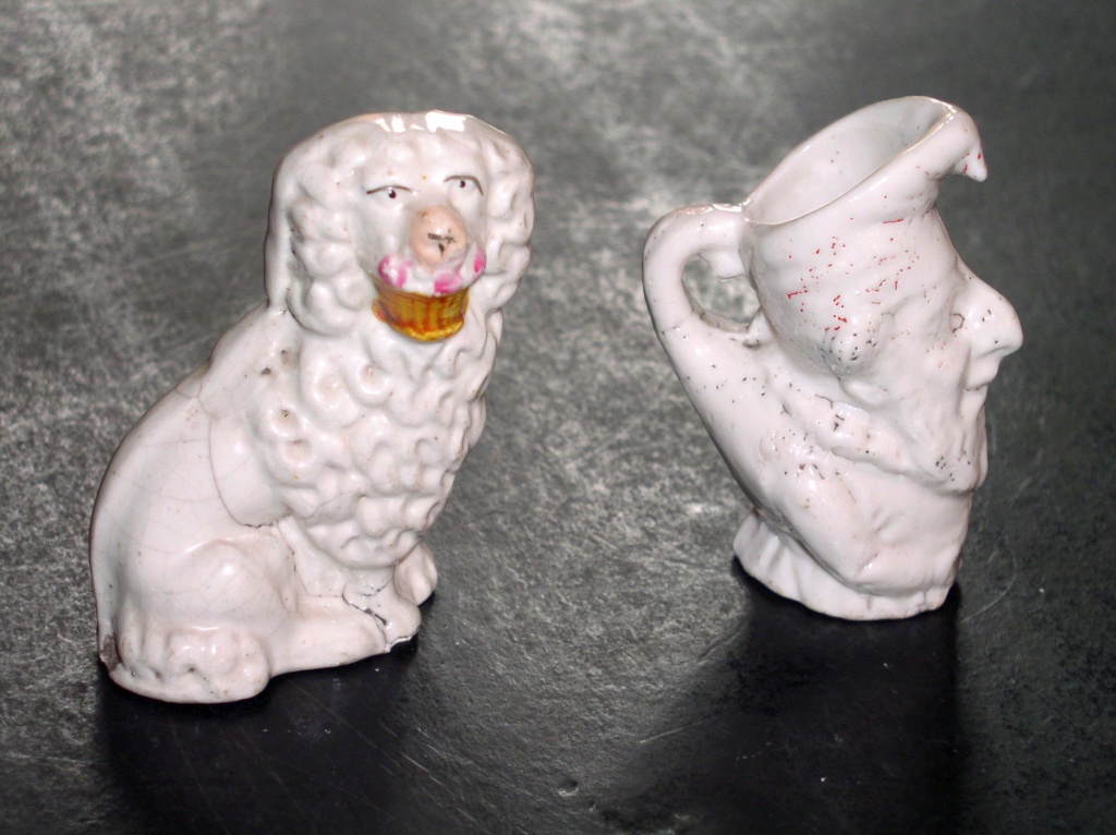 Unusual White Dog & Small Old Man Miniature Man Jug???? P1010030