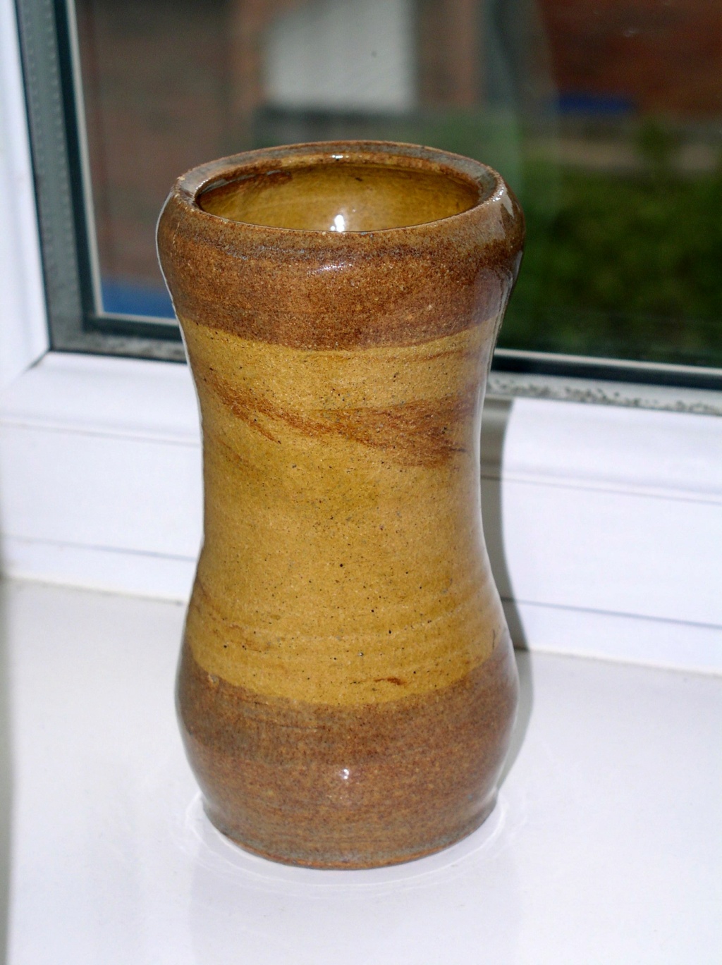 Yellow & Brown Slipware?? Small vase 7" Tall P1010260