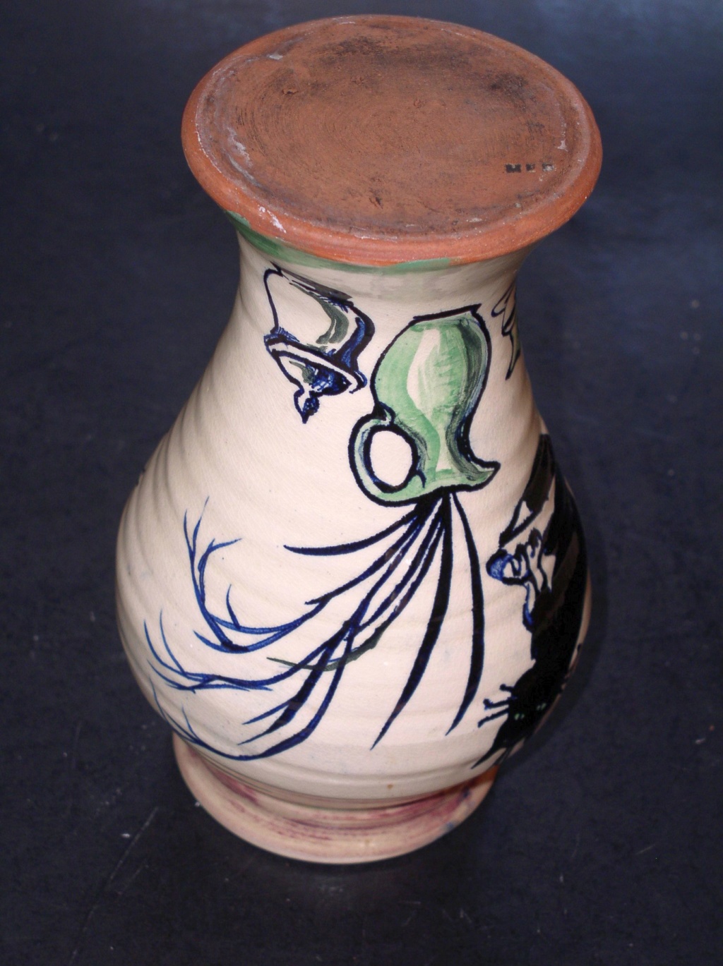 Unusual Clay Vase Very Primitive Looking Halloween??Marked men or med  P1010314