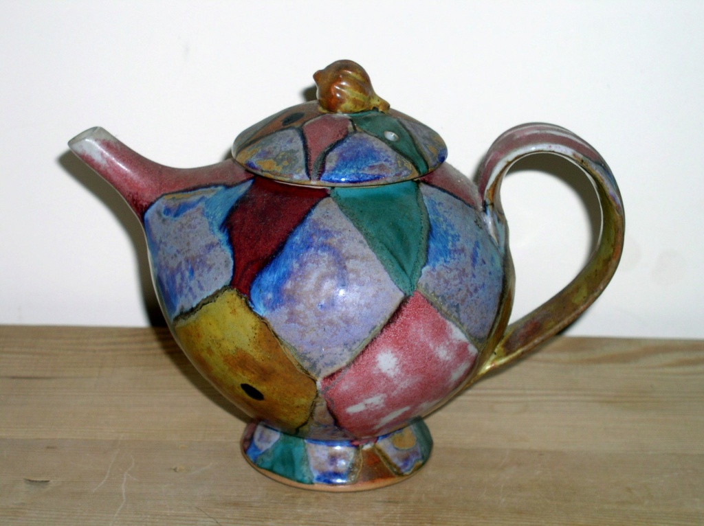 Colorful Patchwork Studio Pottery Tea Pot Signed - Dartington Pottery P1010535