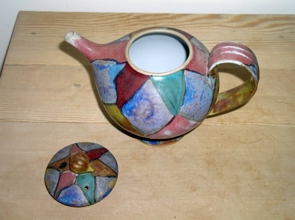Colorful Patchwork Studio Pottery Tea Pot Signed - Dartington Pottery P1010537