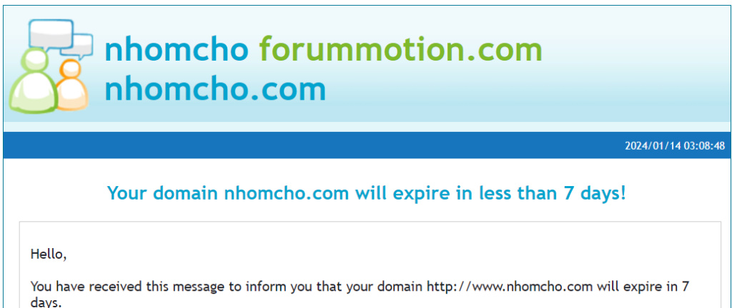 Domain nhomcho.com will expire in less than 7 days! 2024-011