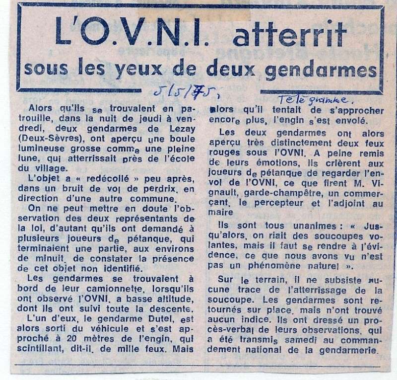 L’OVNI atterrit sous les yeux de deux gendarmes - Télégramme (05/05/1975) Lezay310