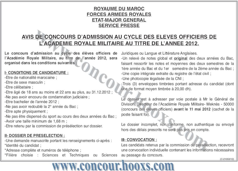 AVIS DE CONCOURS D’ADMISSION AU CYCLE DES ELEVES OFFICIERS DE L’ECOLE ROYALE DU SERVICE DE SANTE MILITAIRE & L’ACADEMIE ROYALE MILITAIRE & D’ADMISSION 1ère BAC AVANT LE 11 MAI 2012 Conco120