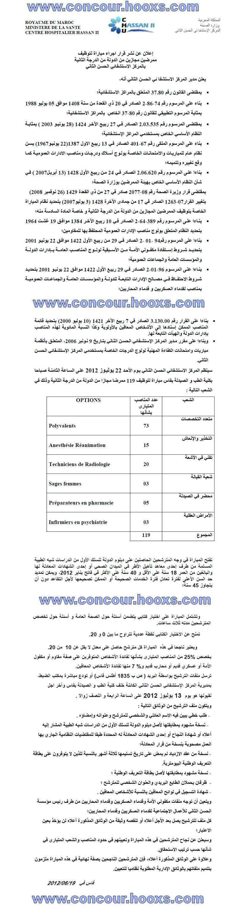 CHU Hassan II - Fès : recrutement des Infirmiers Diplômés d'Etat du 2éme grade avant 13 juillet 2012 Conco166