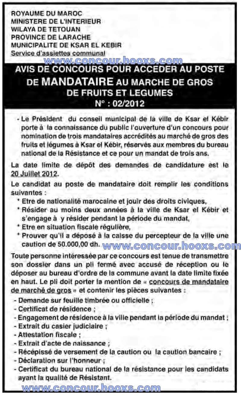 municipalite de ksar kebir : avis de concours pour acceder au poste de mandataire au marche de gros de fruits et legumes avant le 20 juillet 2012  Munici10